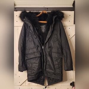 Rare American Eagle Outfitters Fur Lined Hood Utility Jacket. Size S. Black